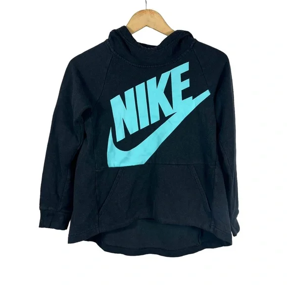 Nike Girls Black Turquoise Logo Pullover Hoodie Sweater Size M